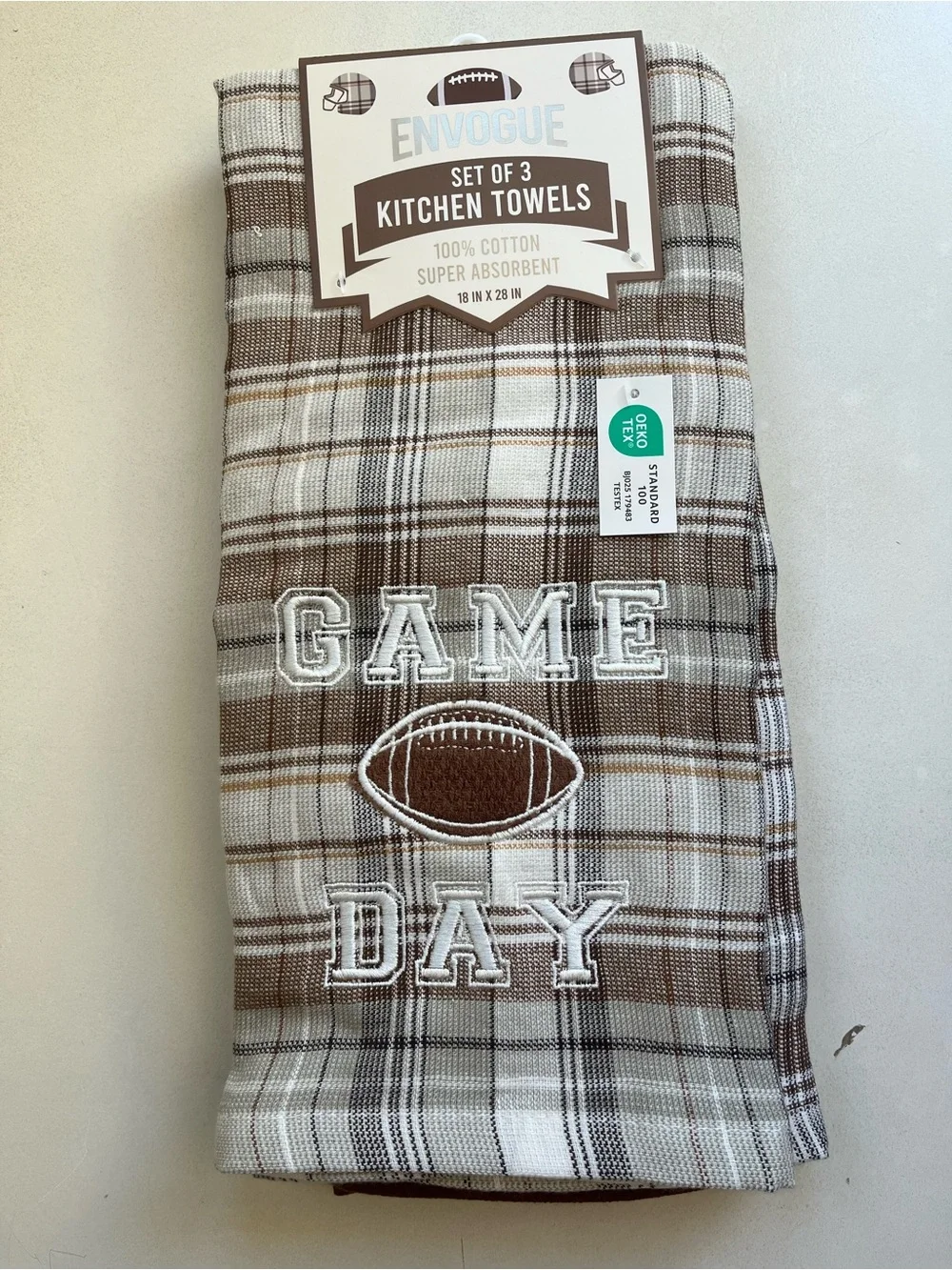 Envogue Football Brown and White Plaid 'Game Day' Cotton Kitchen Towel -Set of 3